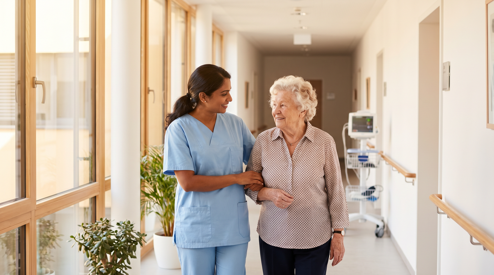 Healthcare caregiver assisting elderly patient